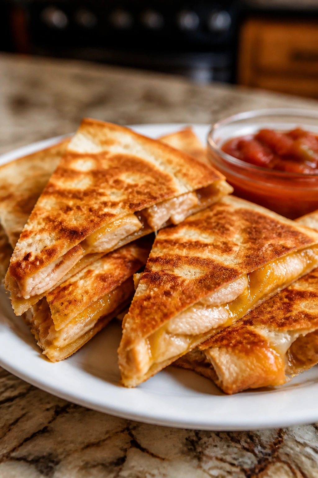 Close-up of crispy quesadilla wedges on a plate