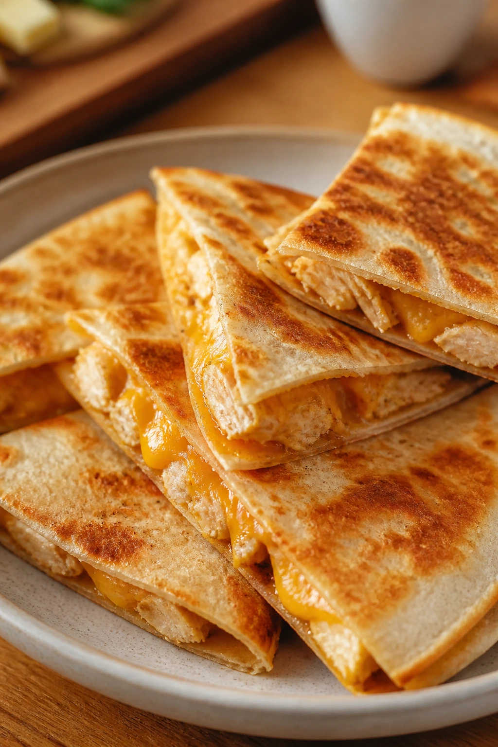 Quesadilla wedges on a plate with melted cheese