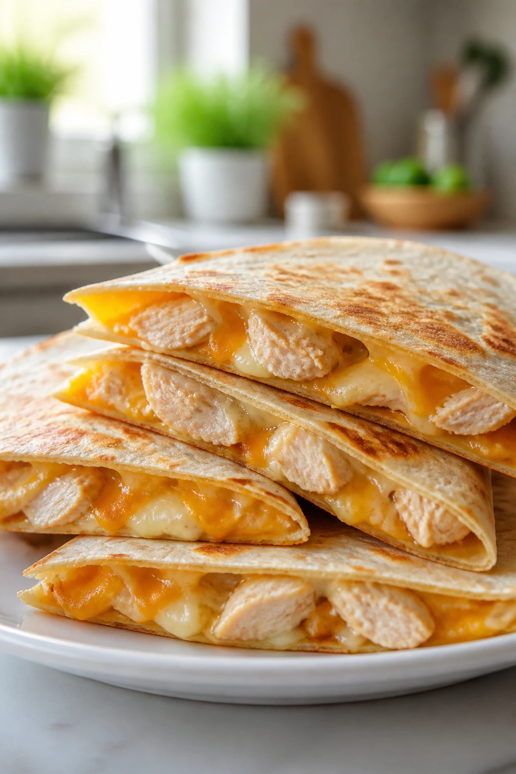 Close-up of chicken quesadilla wedges with melted cheese on a plate.