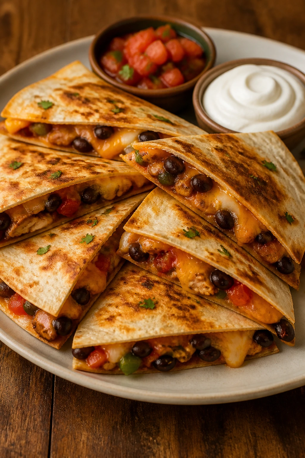 Quesadilla wedges with melted cheese on a plate