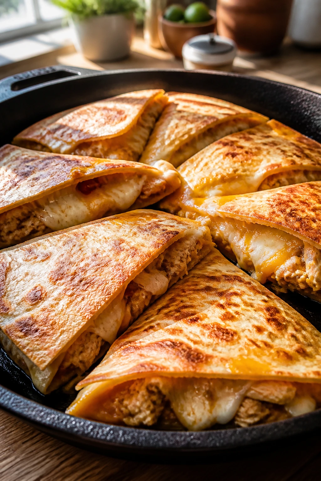 Close-up of skillet chicken quesadilla wedges in a cast-iron skillet on warm kitchen.