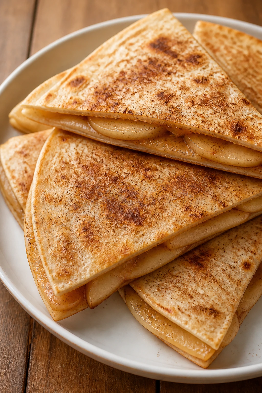 Apple cinnamon quesadillas cut into wedges on a plate