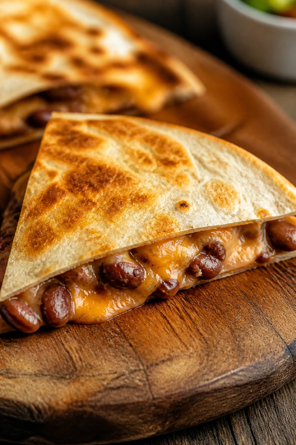 Golden bean and cheese quesadilla wedge on a wooden board