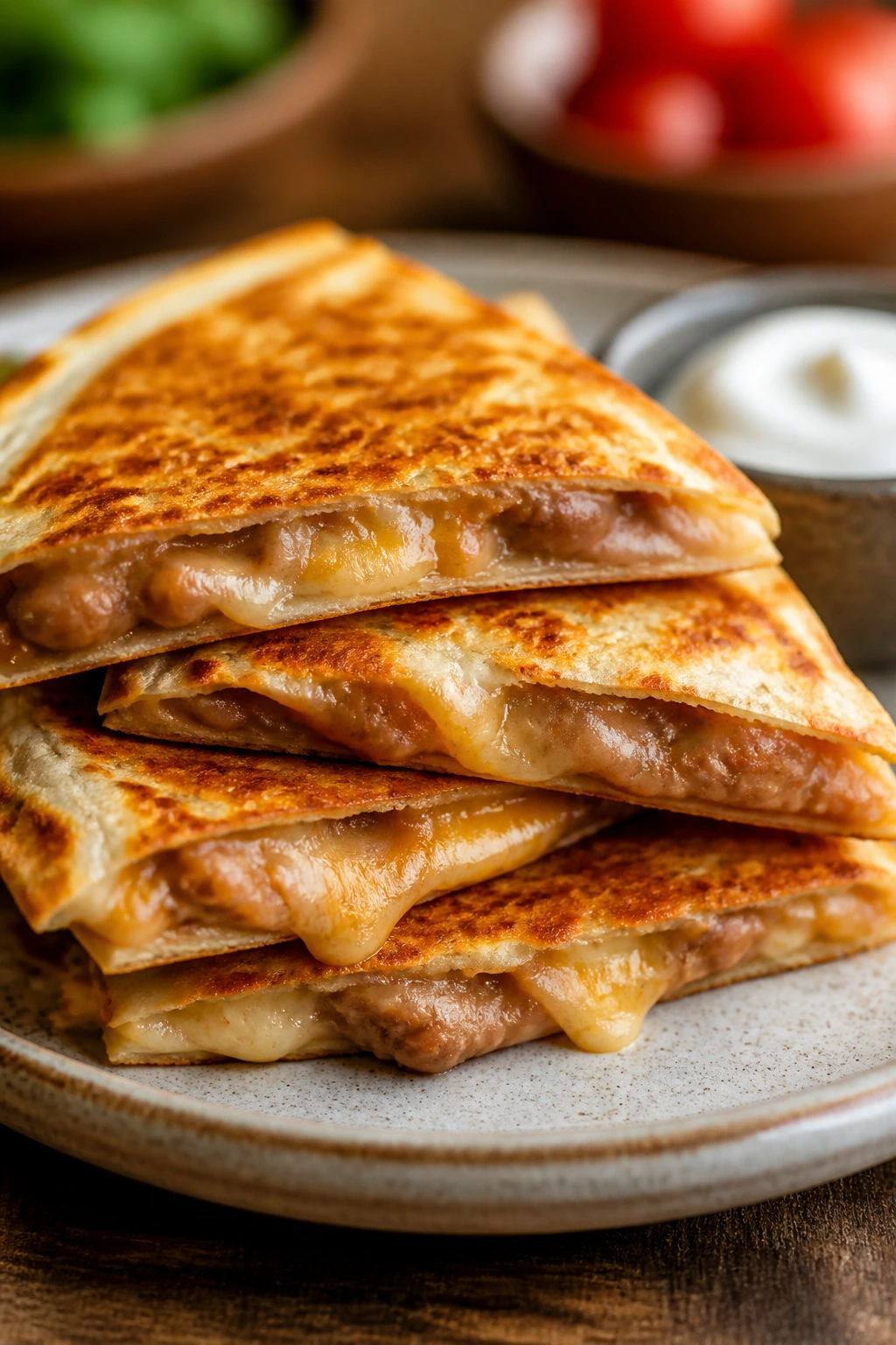 Close-up of cheesy bean quesadillas on a plate