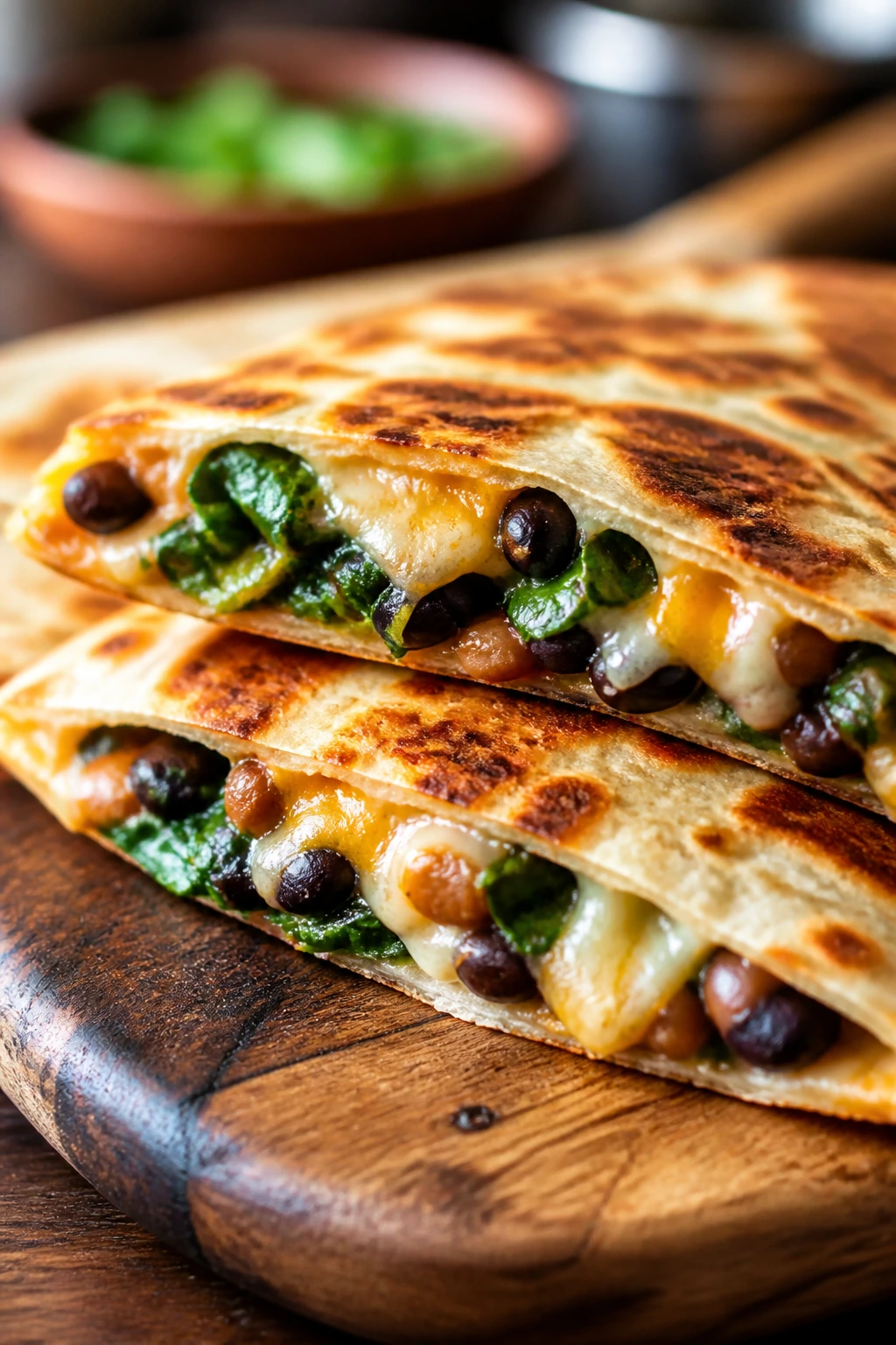 Quesadillas with beans and melted cheese on wooden board