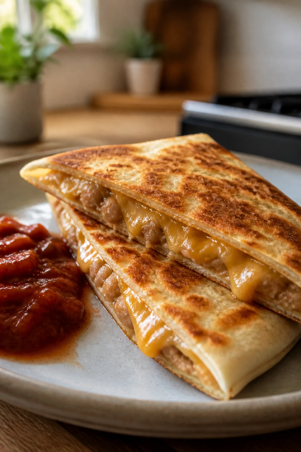Close-up of crispy bean-and-cheese quesadillas on a plate with melted cheddar