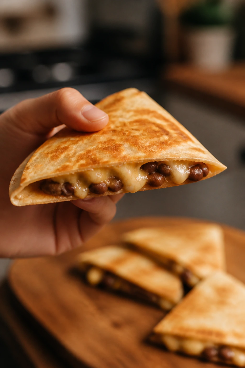 Close-up of a mini cheesy bean quesadilla half held by a kid's hand.