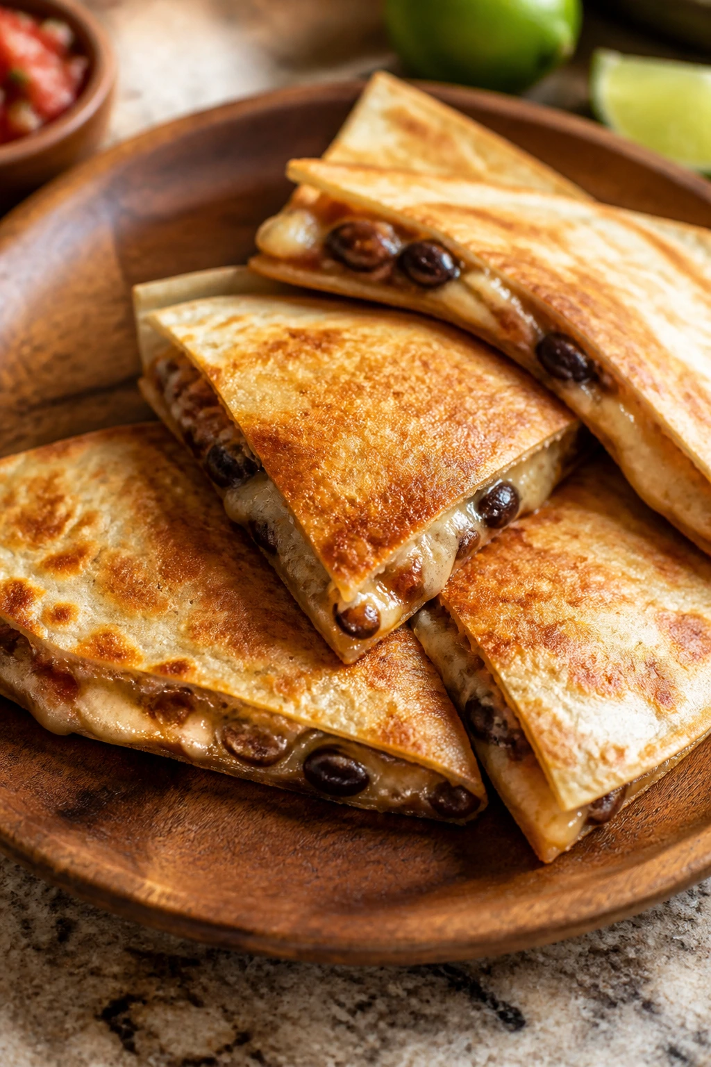 Golden crispy bean and cheese quesadilla on a plate.
