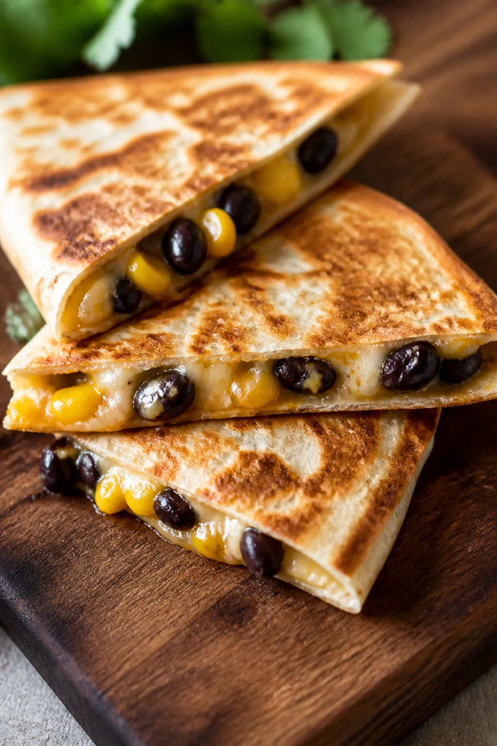 Close-up of cheesy black bean quesadillas with corn