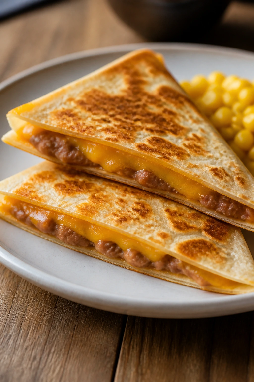 Close-up of cheese and bean quesadillas on plate with melted cheese and beans