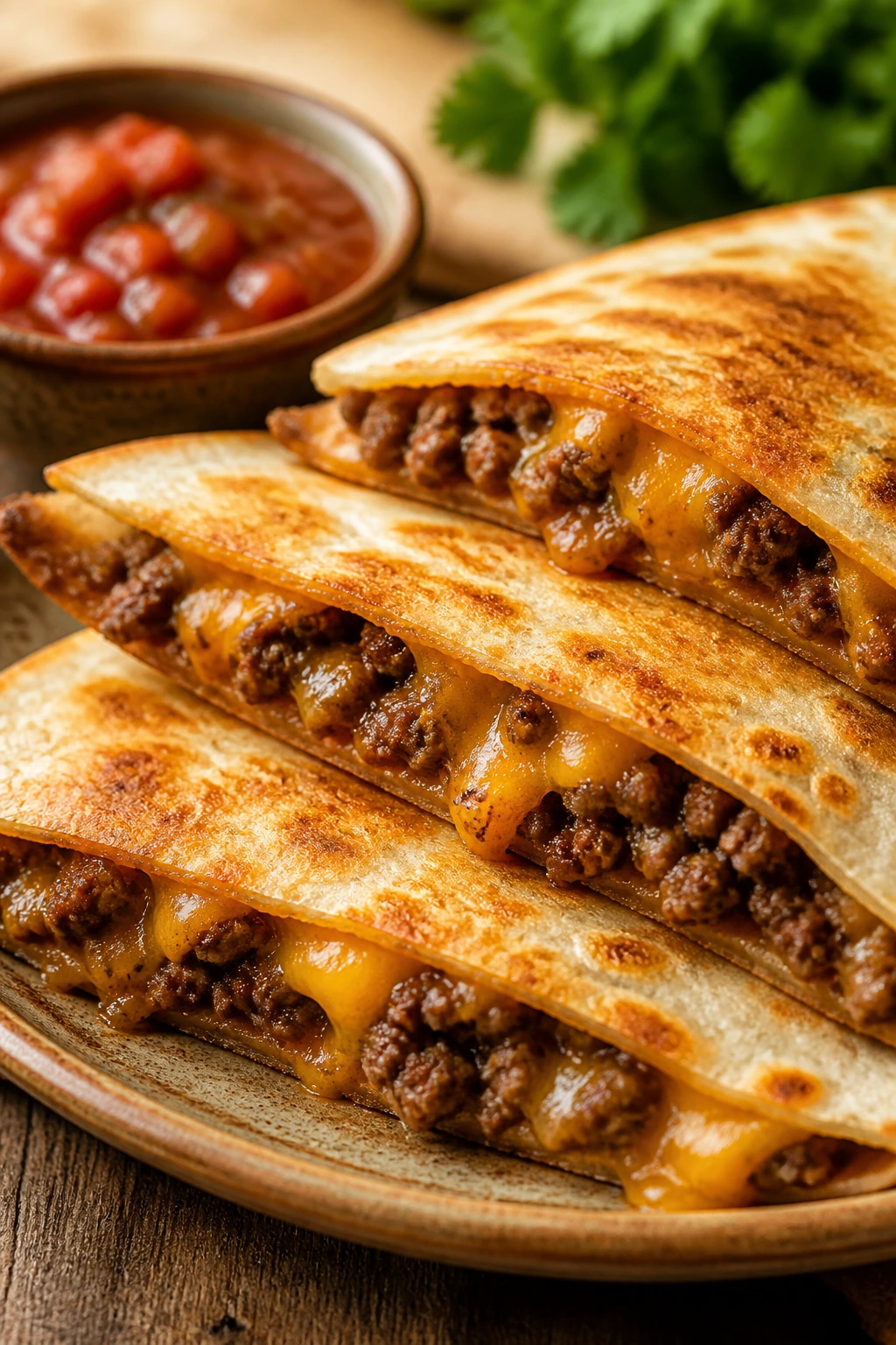 Quesadillas with beef and cheddar, sliced to show gooey filling