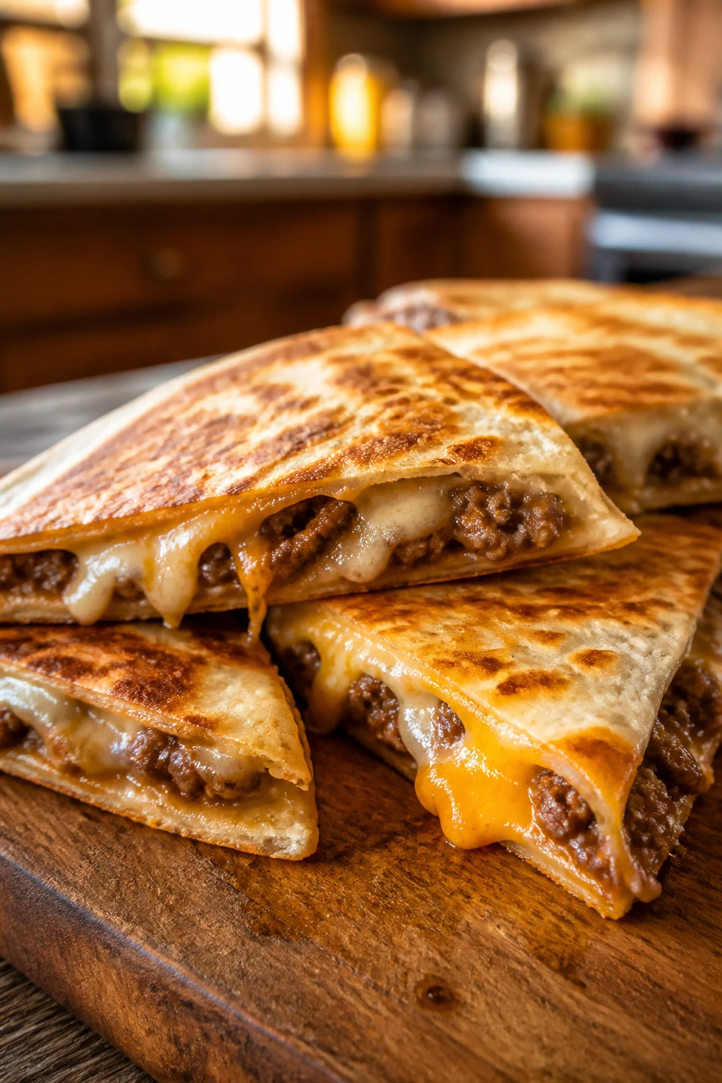Close-up of beef and cheese quesadillas wedges on a wooden board