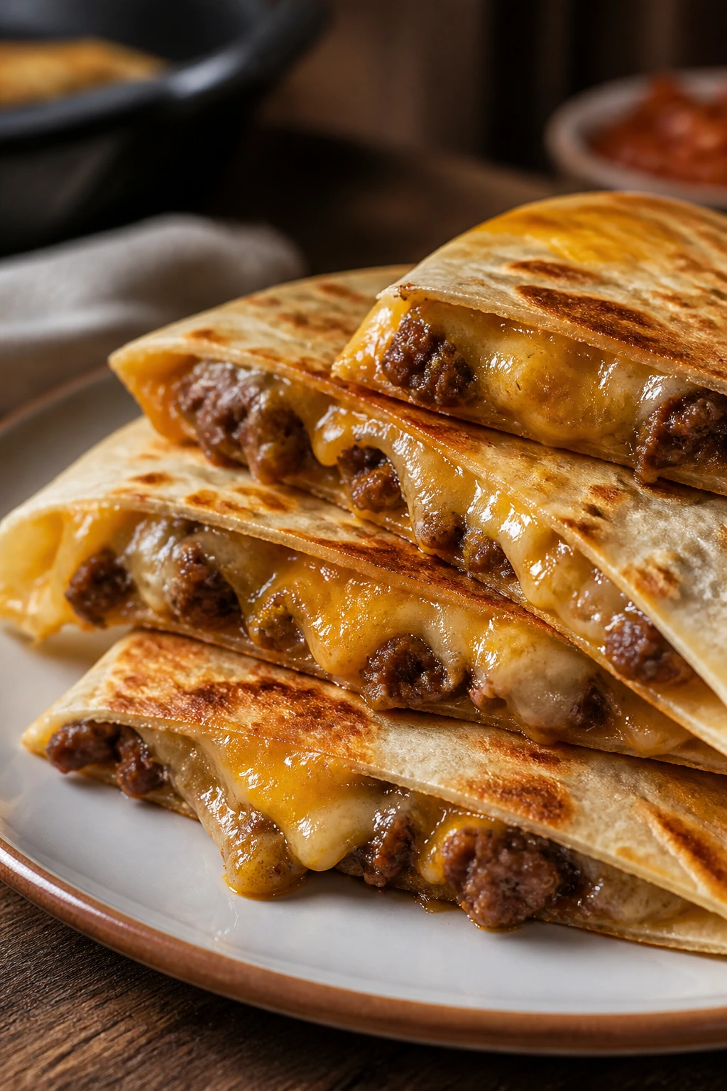 Quesadilla triangles with melted cheese on a plate