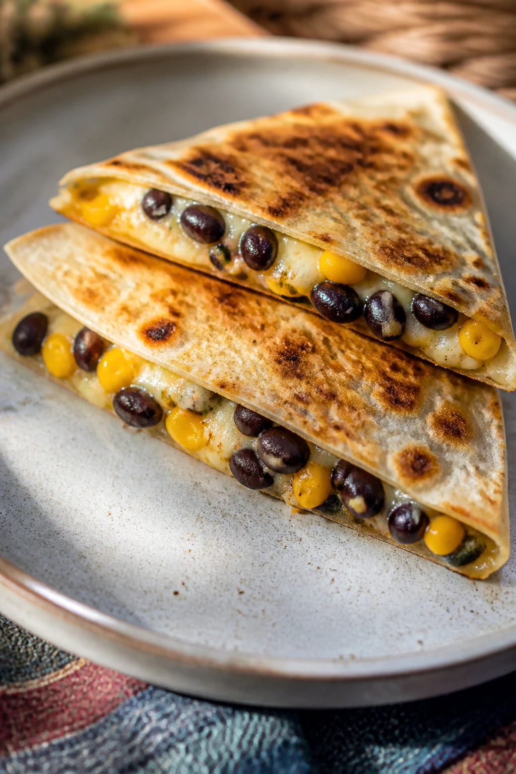 Quesadilla wedges with black beans and corn on a plate in natural outdoor light