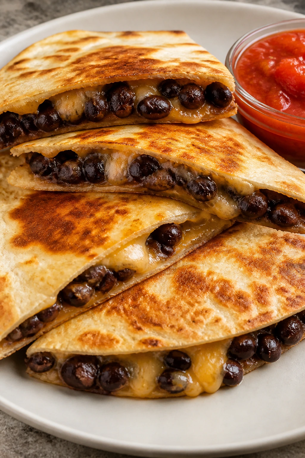 Close-up of black bean quesadillas with melted cheese and salsa.