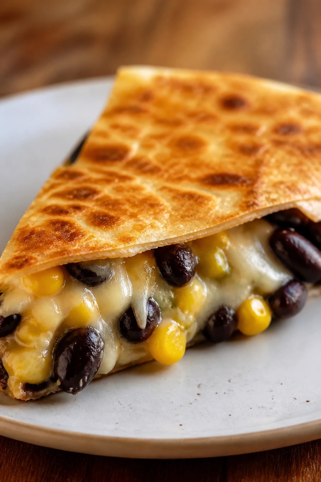 Close-up of a crisp black bean and corn quesadilla wedge on a plate