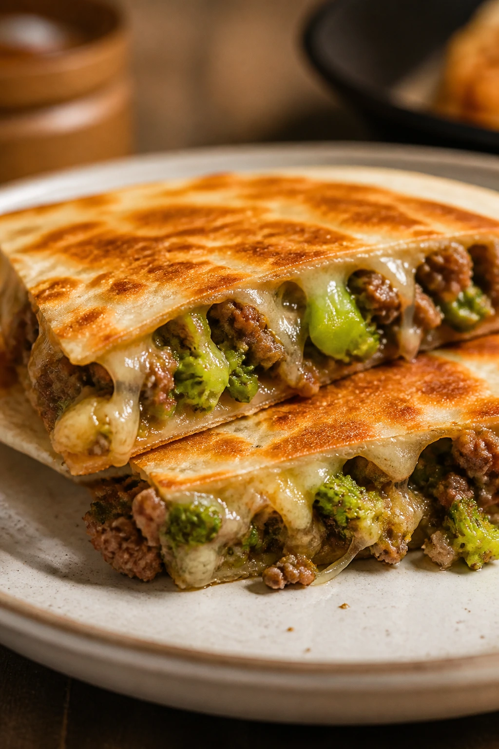 Close-up of hamburger broccoli quesadilla wedge with cheese and broccoli