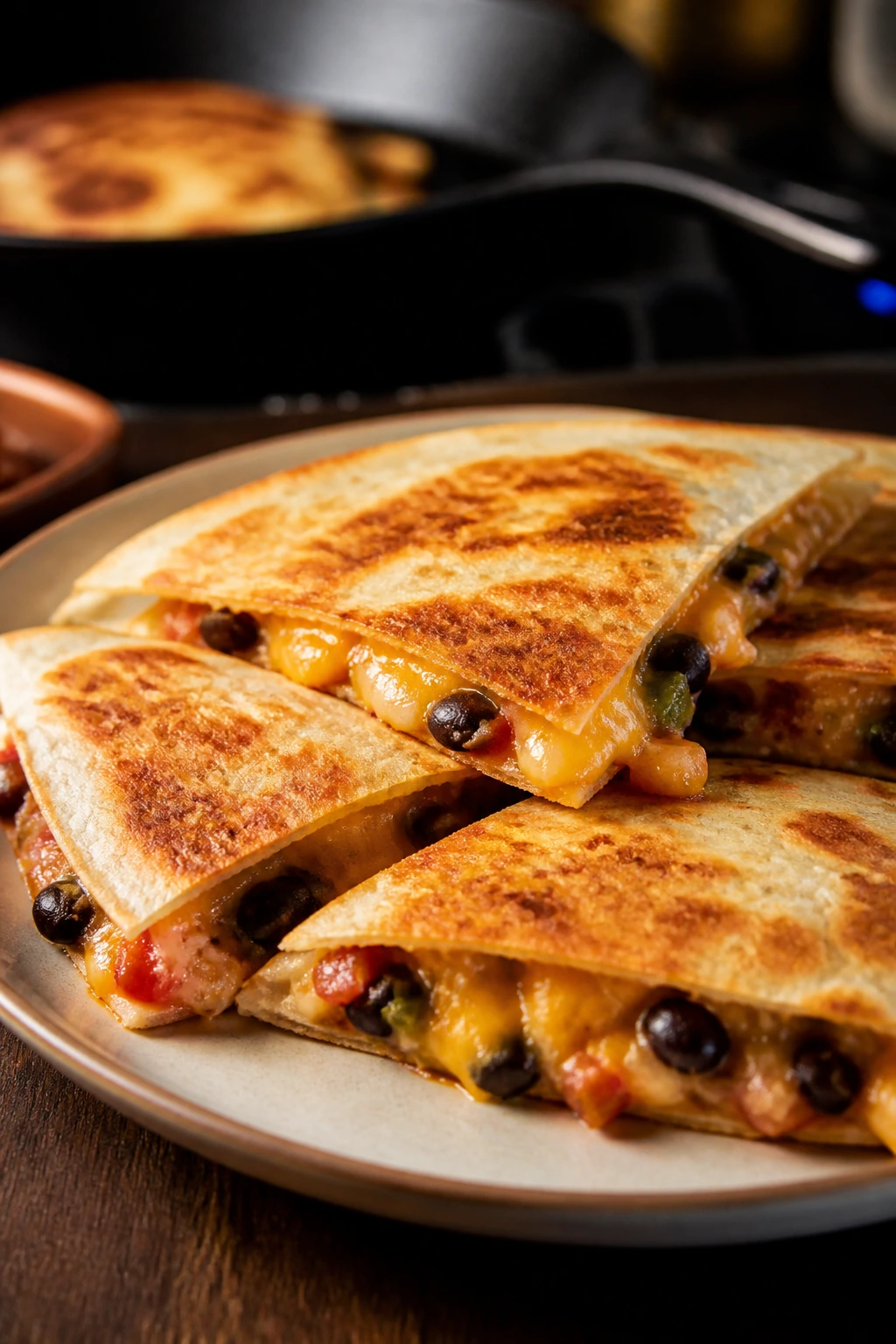 Golden-brown quesadillas cut into triangles on a plate