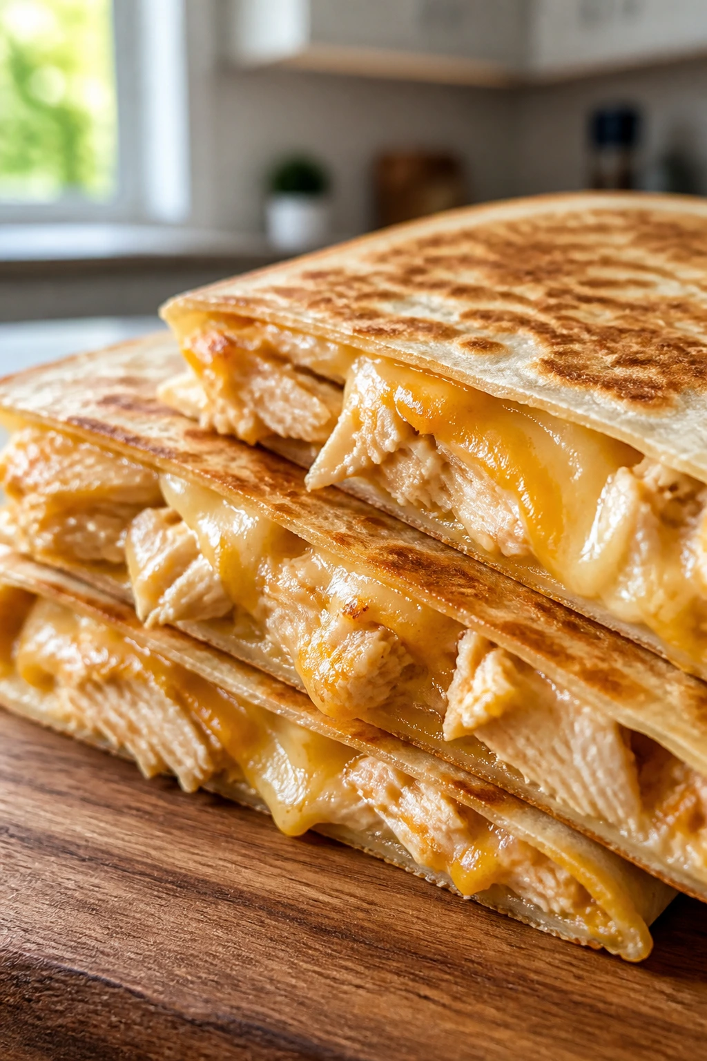 Close-up of a gooey cheesy chicken quesadilla on a wooden board.