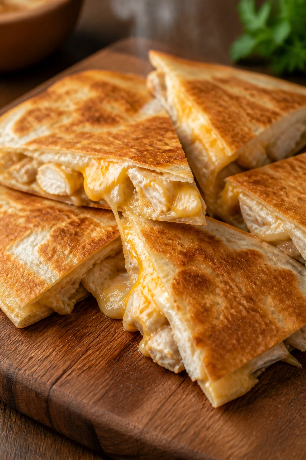 Close-up of a cheesy chicken quesadilla cut into wedges on a wooden board