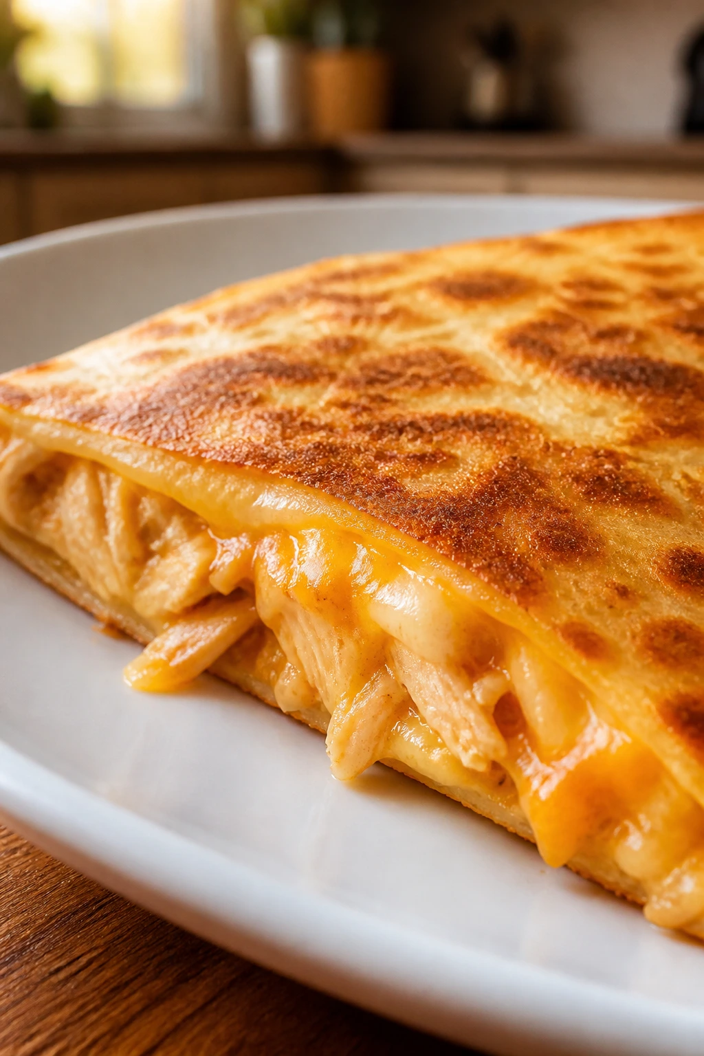 Close-up of cheesy chicken quesadilla wedge on plate