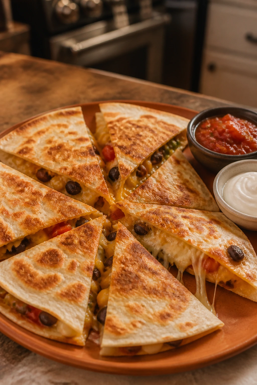 Close-up of quesadilla wedges with salsa and sour cream on a plate