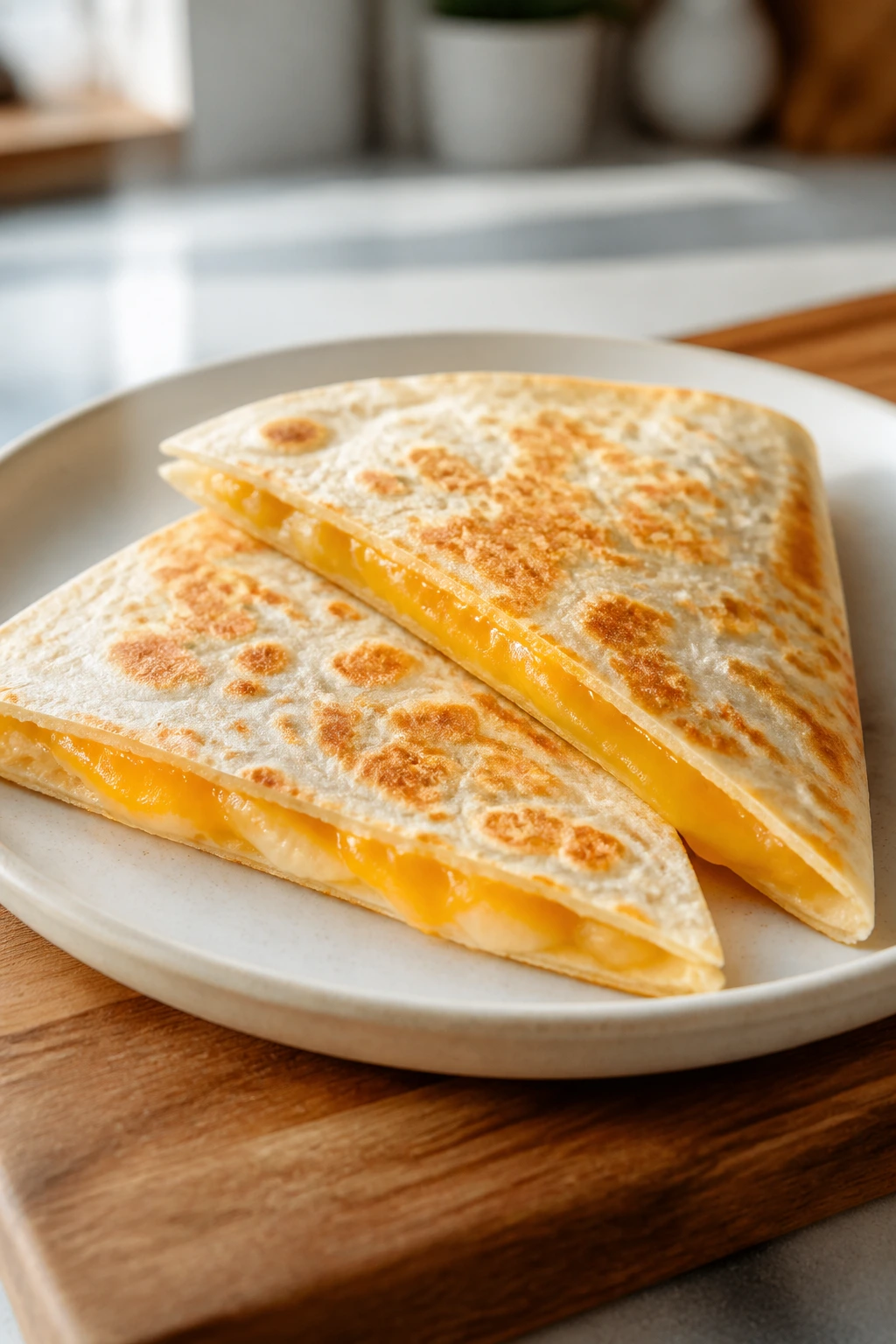 Cheese quesadillas cut into triangles on a plate
