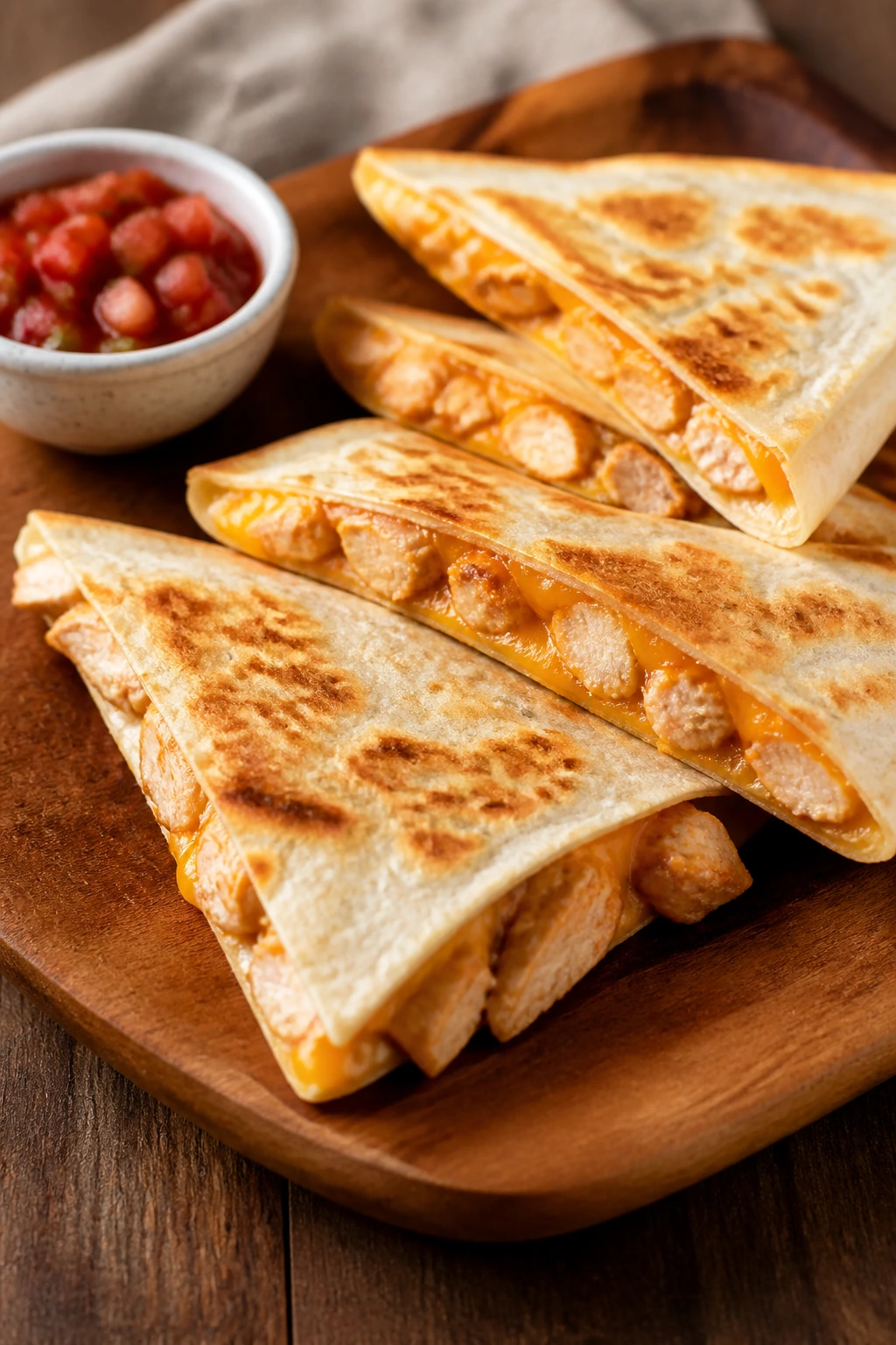 Quesadillas cut into triangles on a wooden board