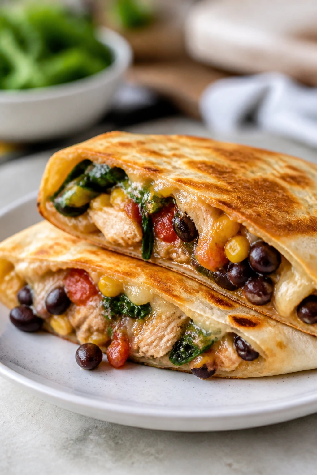 Close-up of quesadilla halves with melted cheese and filling