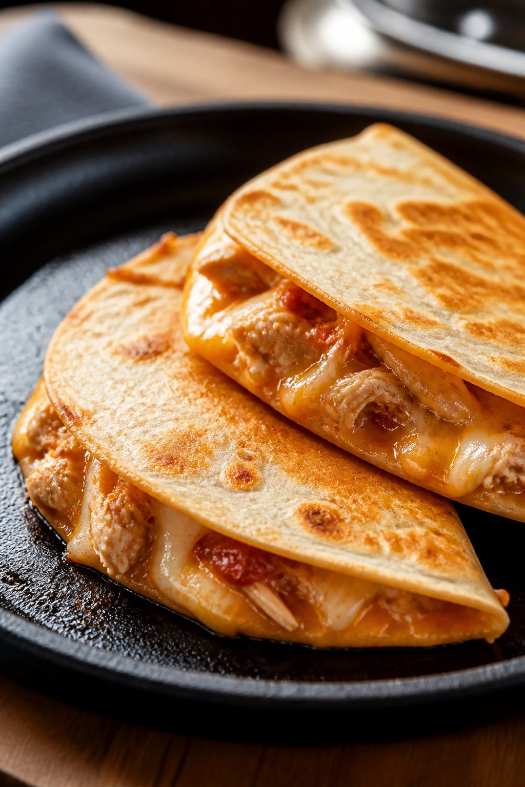 Quesadillas on a plate with melted cheese in a warm kitchen