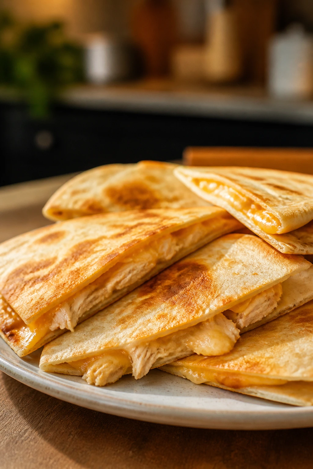 Mild chicken quesadillas cut into wedges on a plate