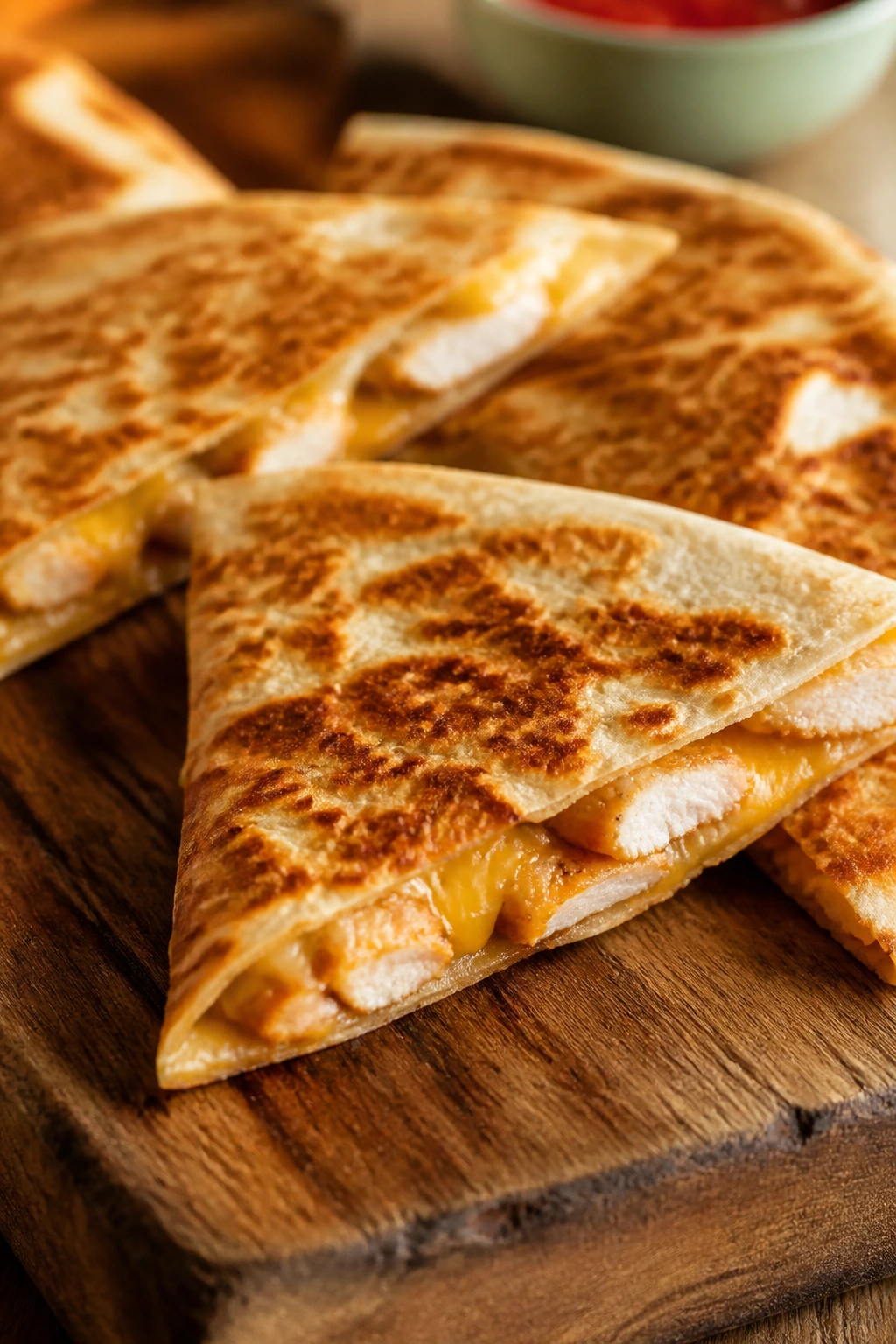 Close-up of crispy chicken quesadillas on a wooden board