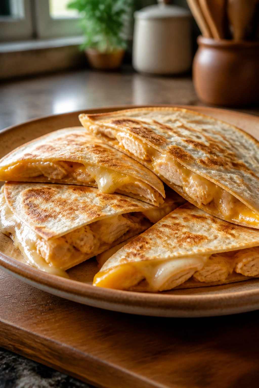 Close-up of a quesadilla on a plate with melted cheese