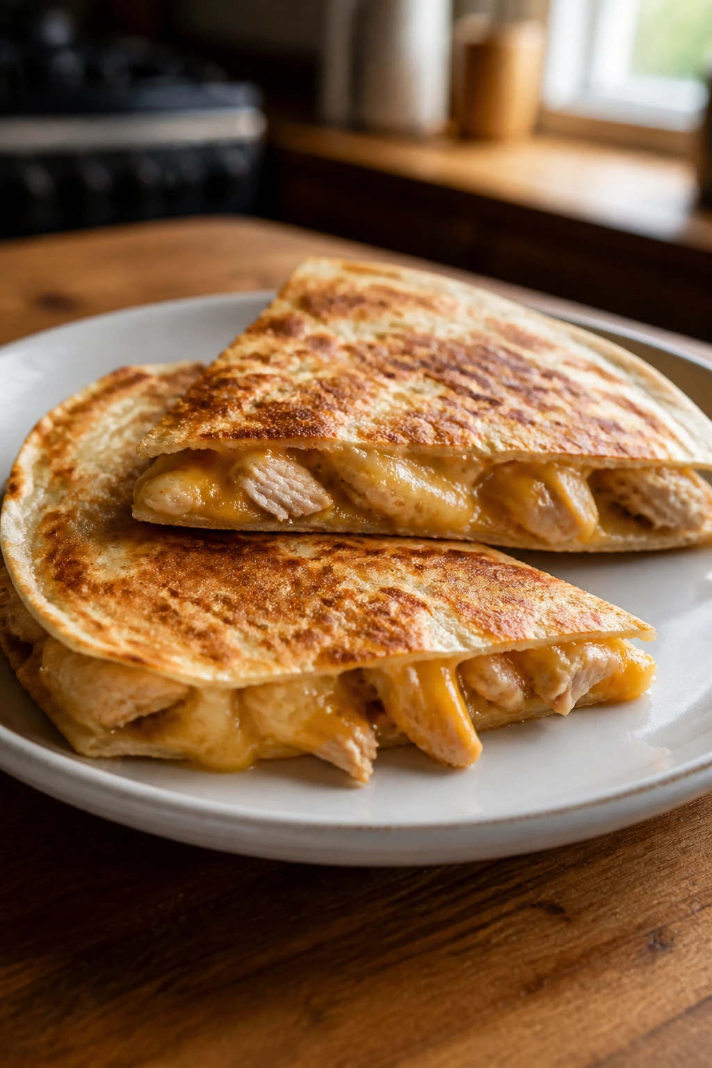 Close-up of two chicken quesadilla wedges on a plate in a warm home kitchen