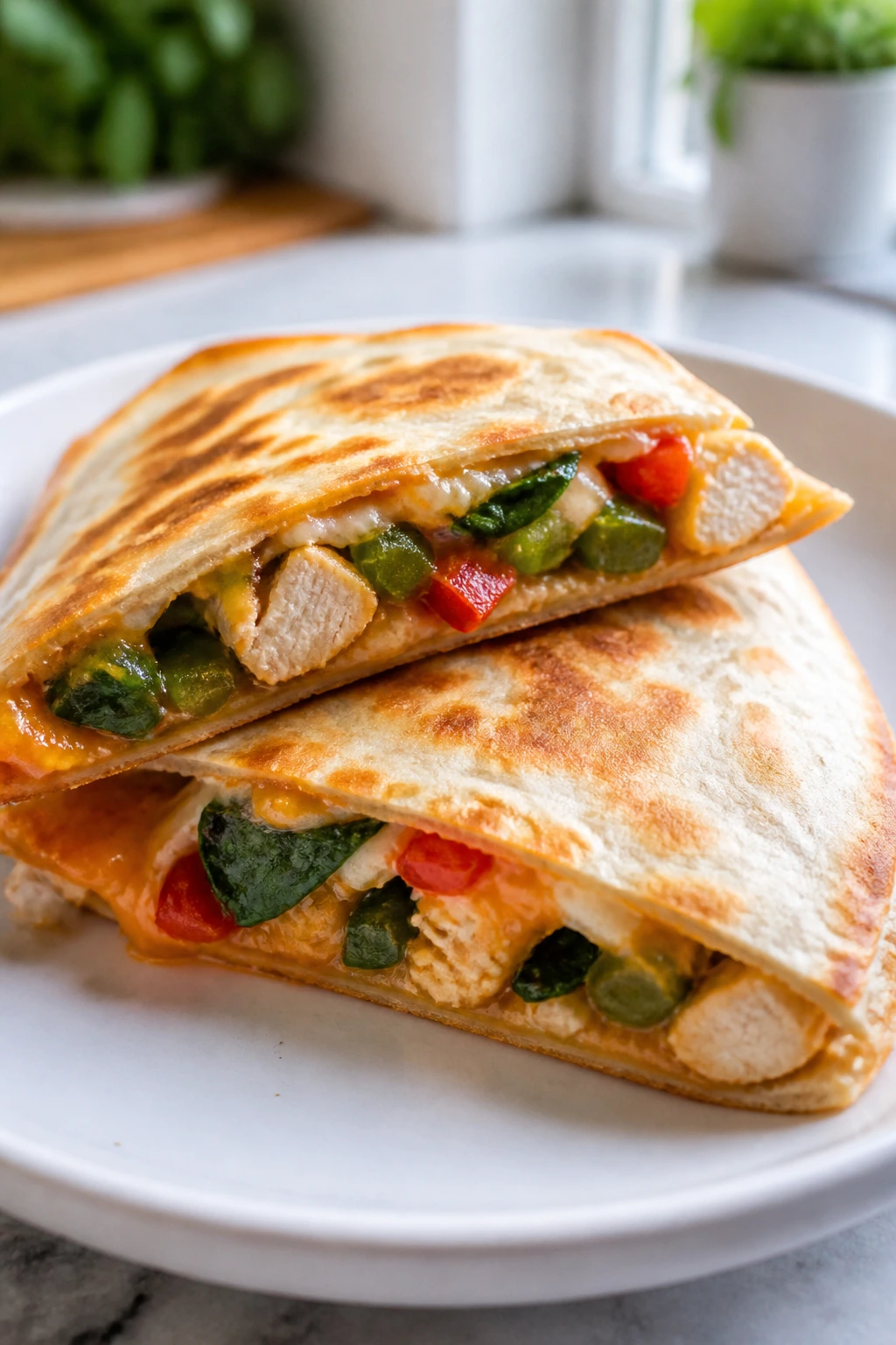 Close-up of mini chicken and veggie quesadillas on a plate in a bright kitchen