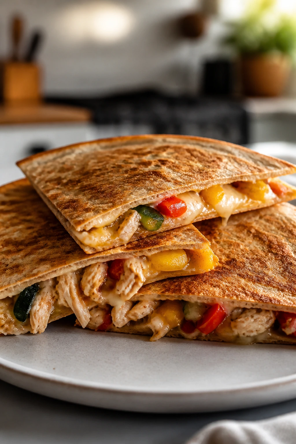 Crispy chicken and veggie quesadillas on whole-wheat tortillas
