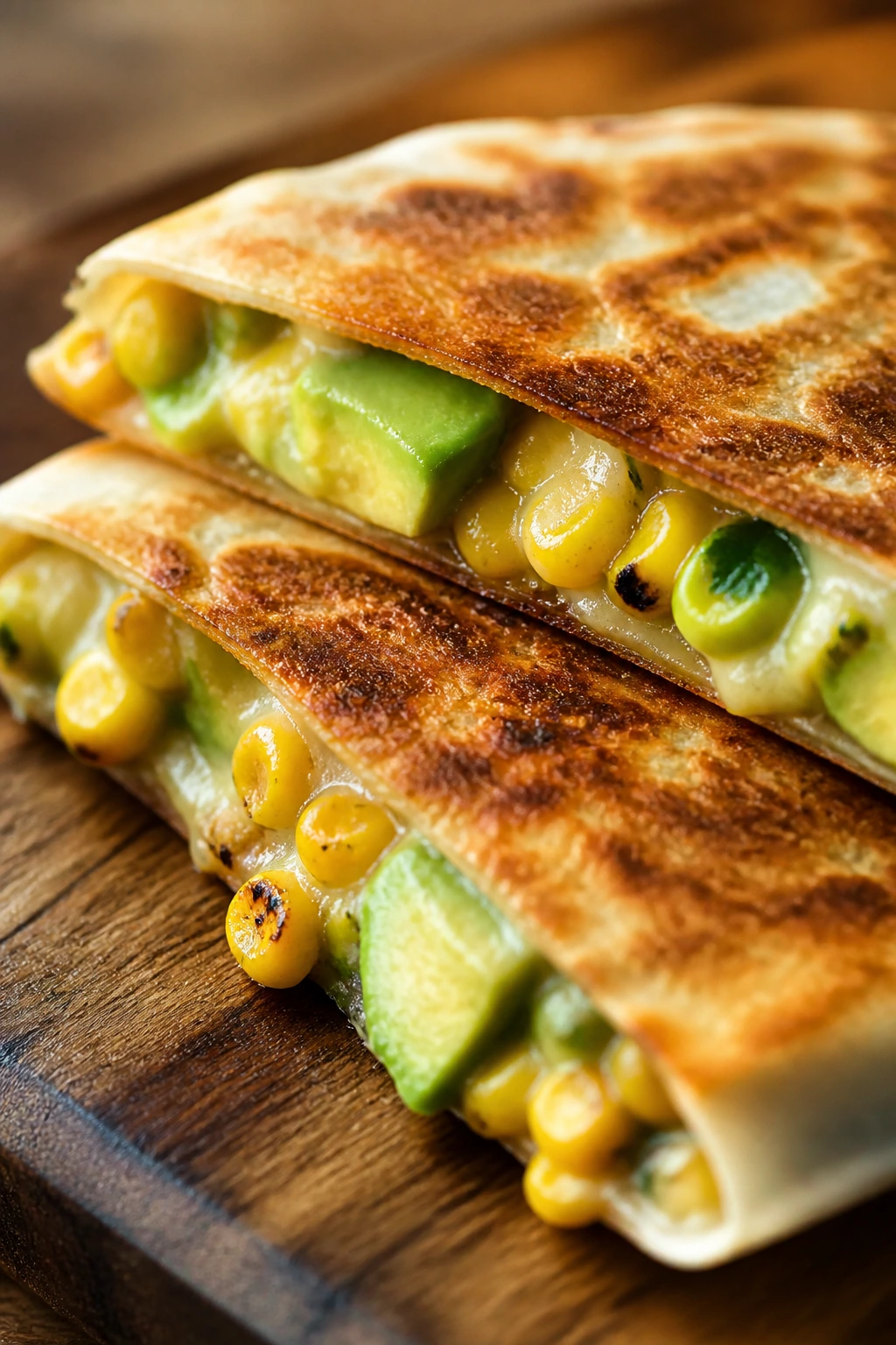 Quesadilla wedge with corn and avocado filling on a wooden board