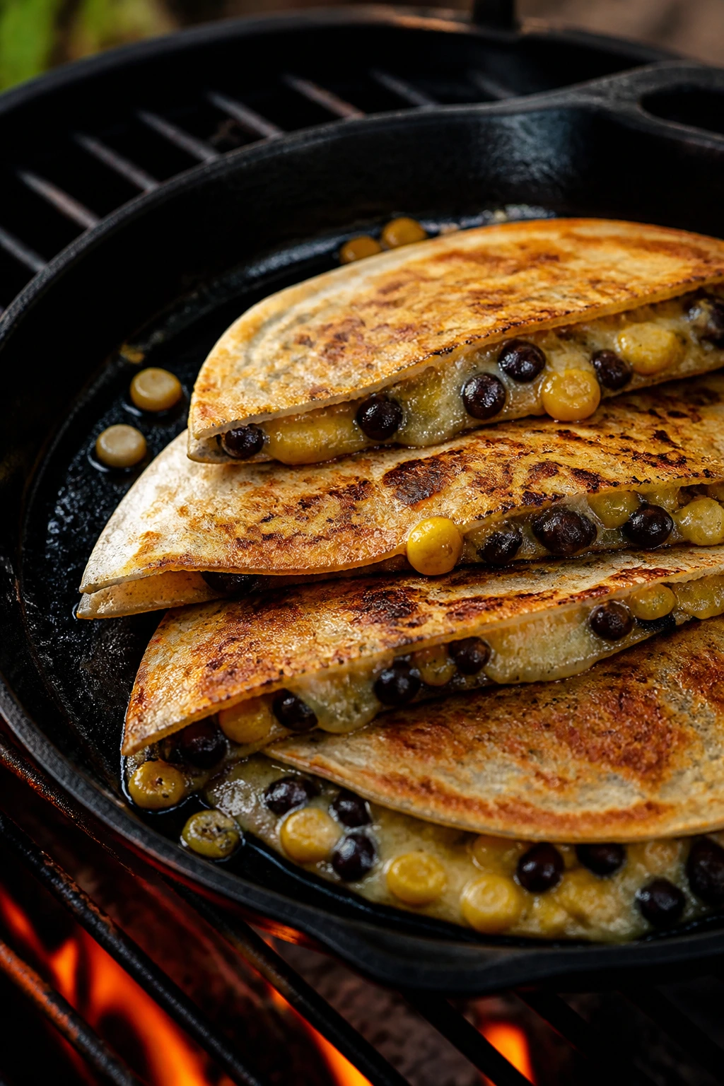 Quesadillas with corn and black beans cooking on a cast-iron skillet on the grill
