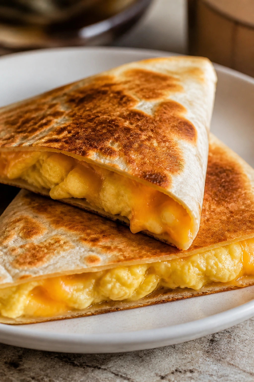 Close-up quesadillas with scrambled eggs and melted cheese sliced into triangles