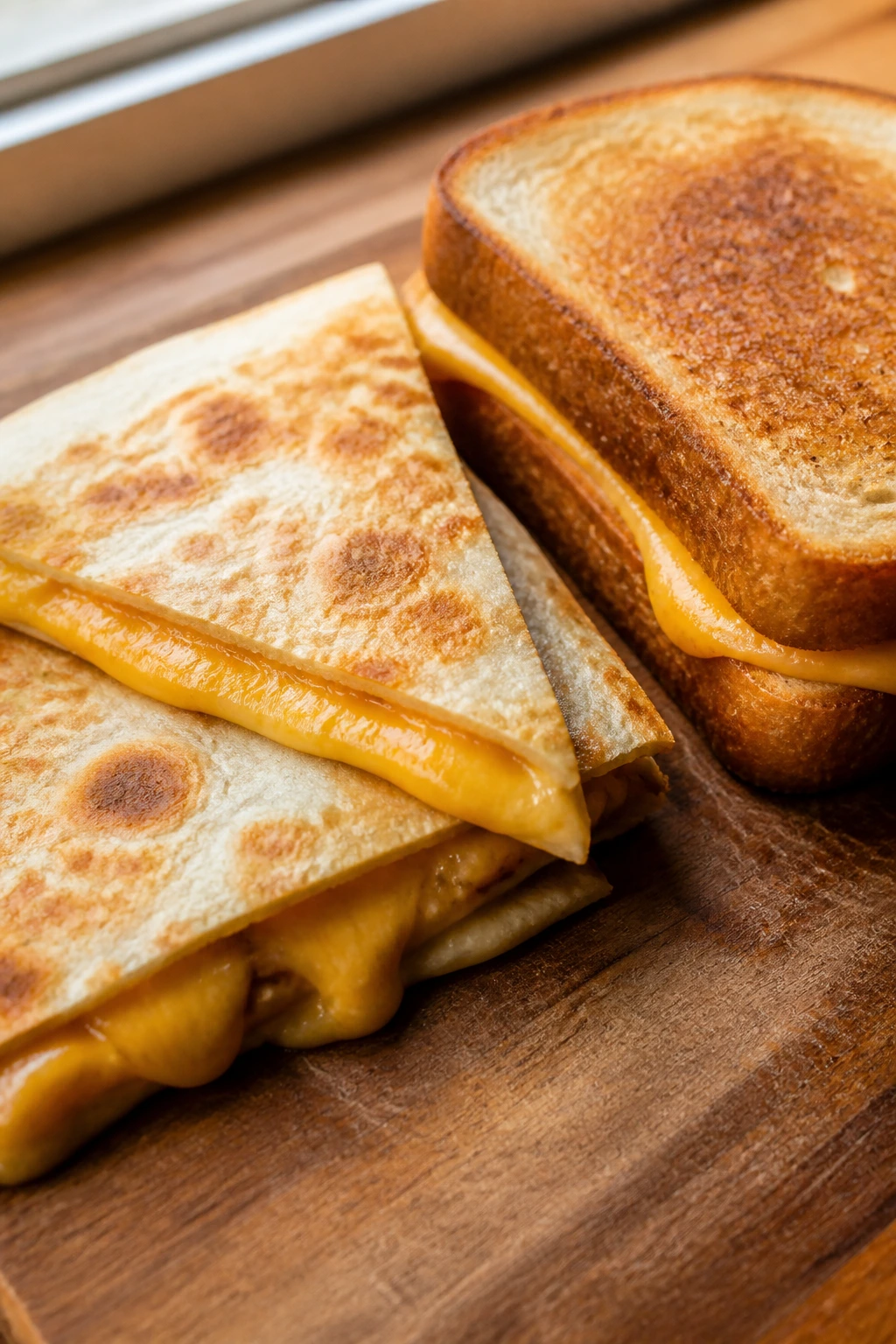 Close-up of a cheese quesadilla and a grilled cheese sandwich on a wooden table.