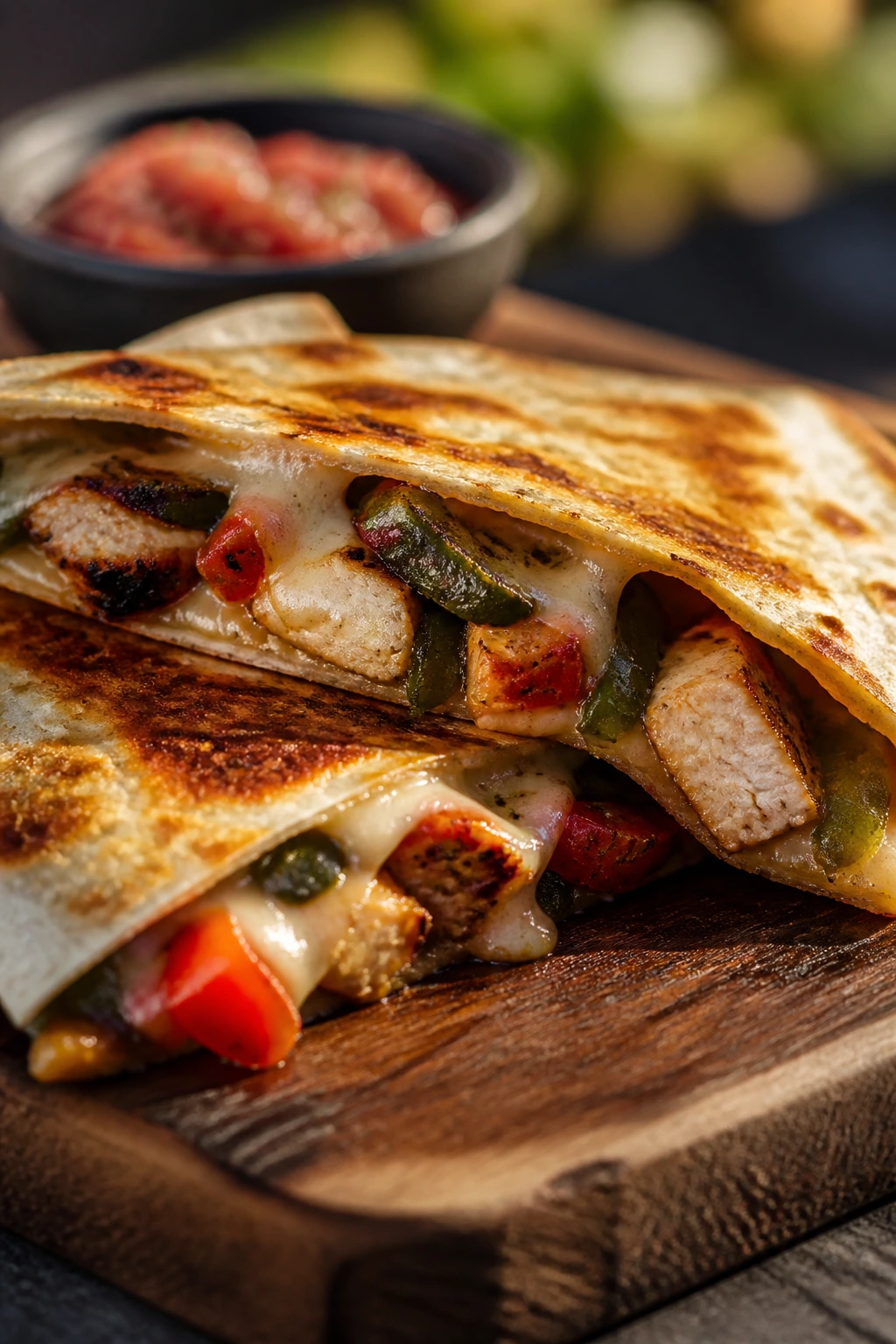 Close-up of grilled chicken quesadillas on a wooden board outdoors