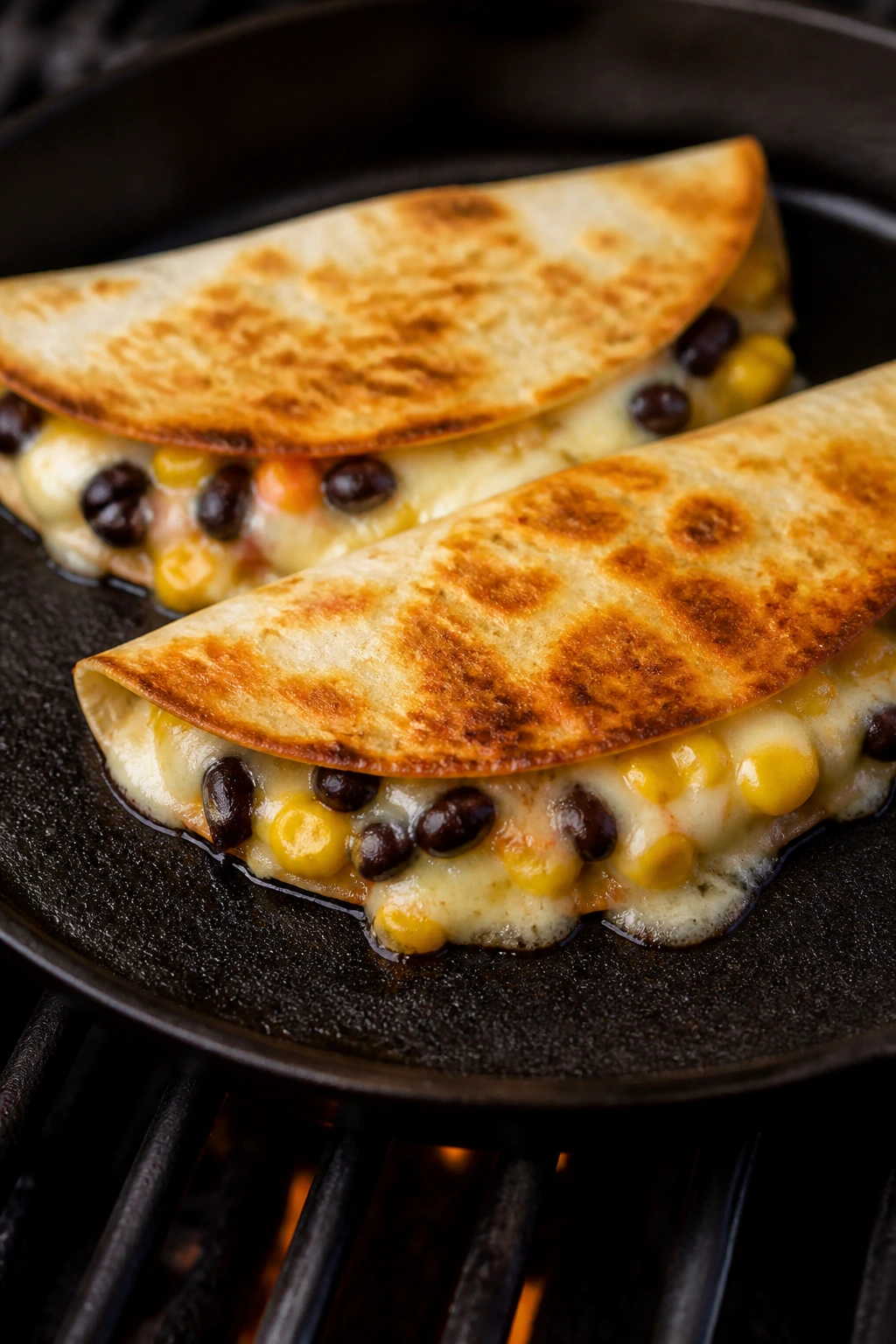 Close-up of grilled corn and black bean quesadillas with melted cheese on a skillet