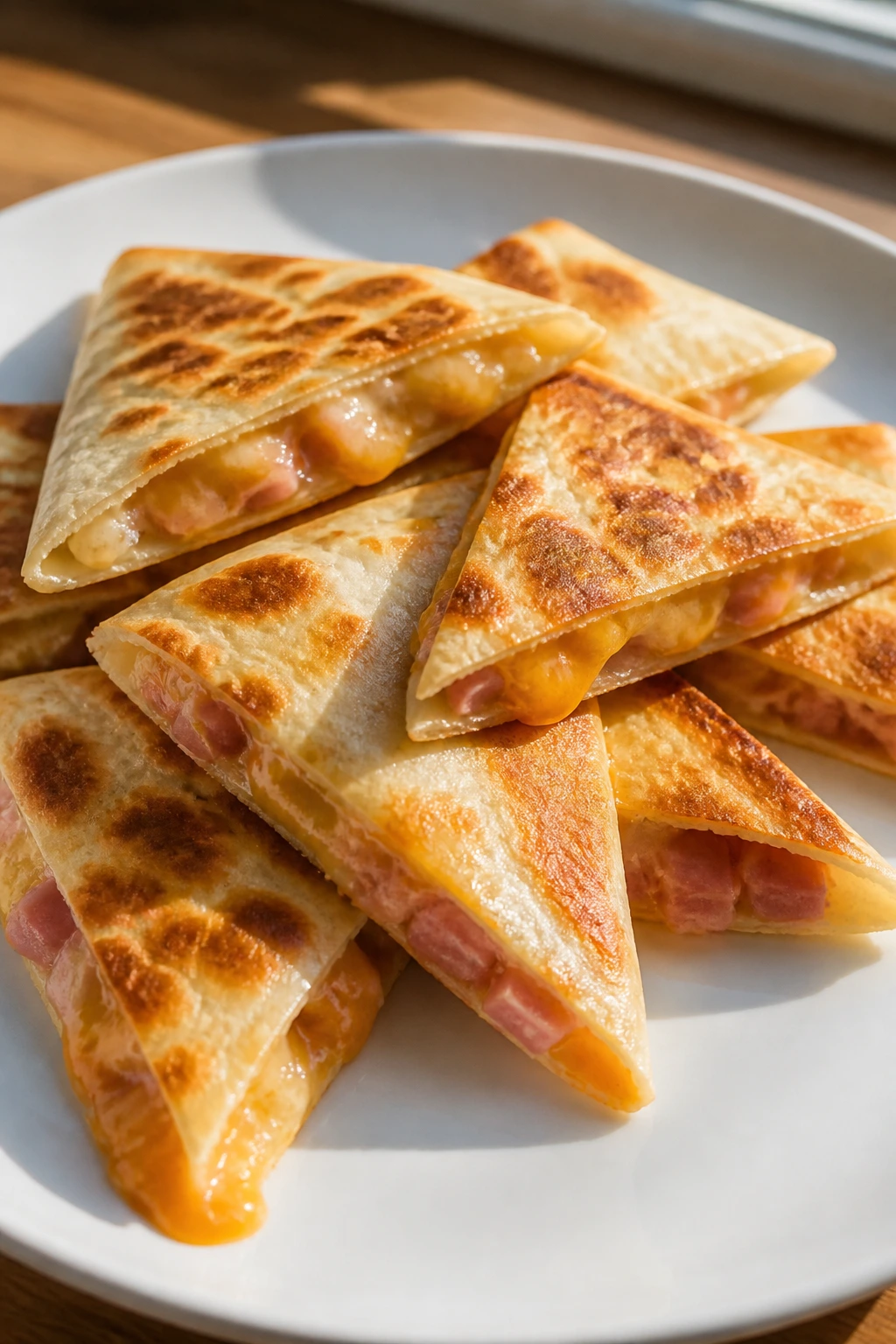Close-up of ham and cheese mini quesadillas on plate