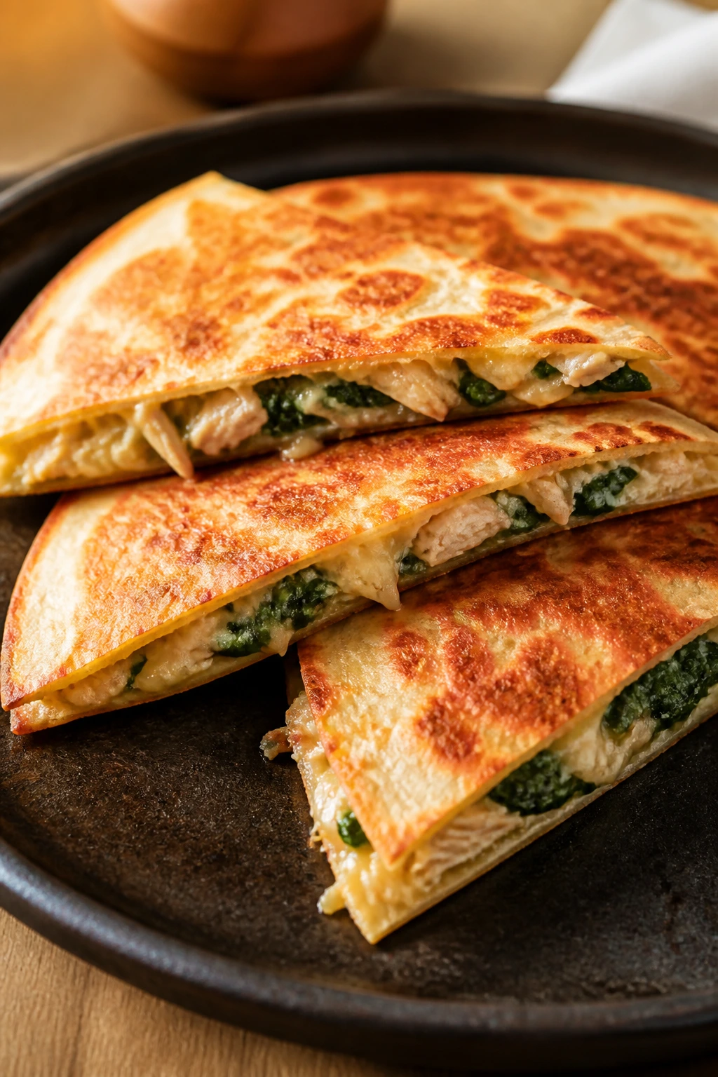 Quesadillas with hidden extras cut into triangles on a warm skillet