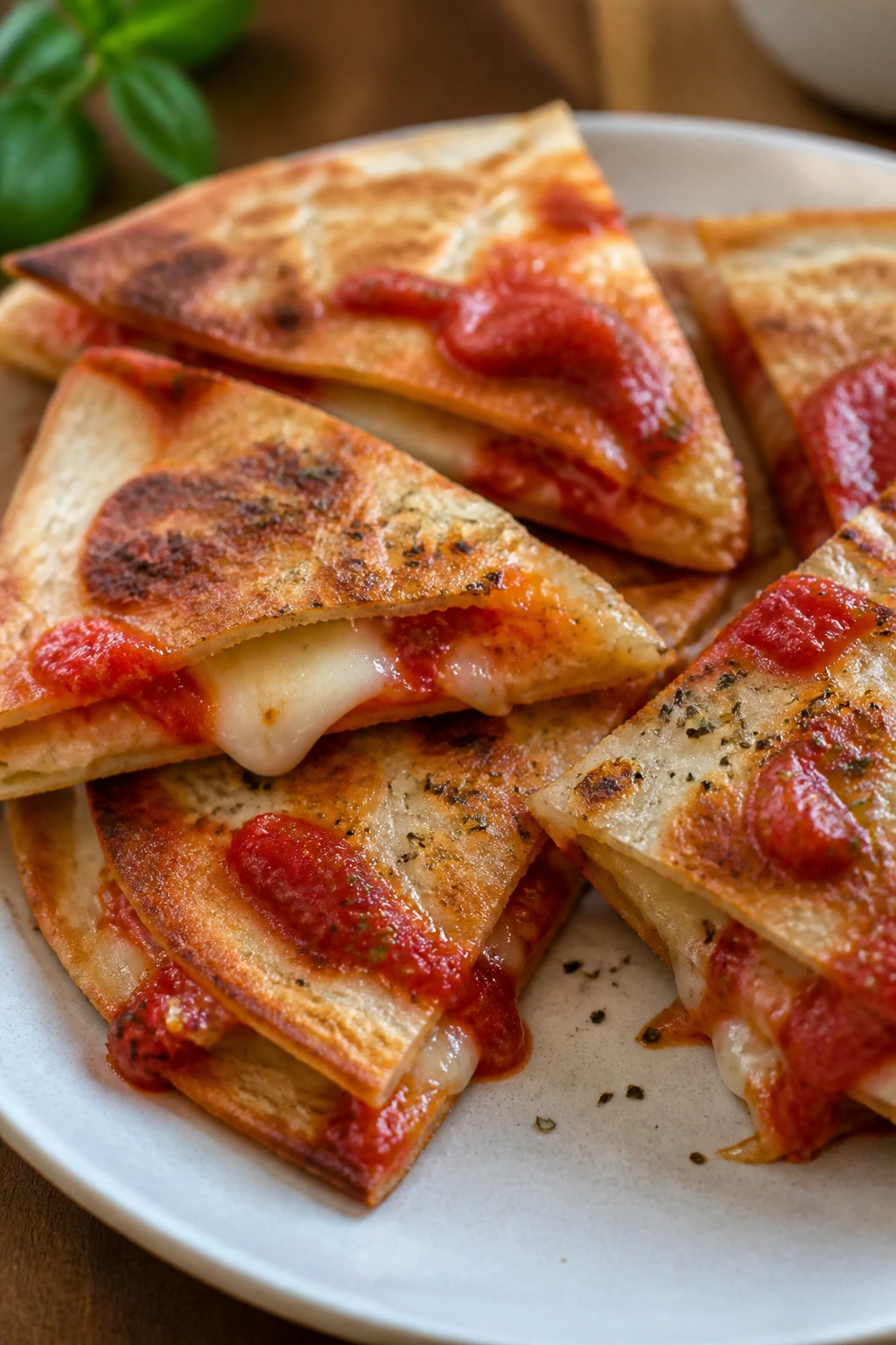 Close-up of mini pizza quesadillas on a plate