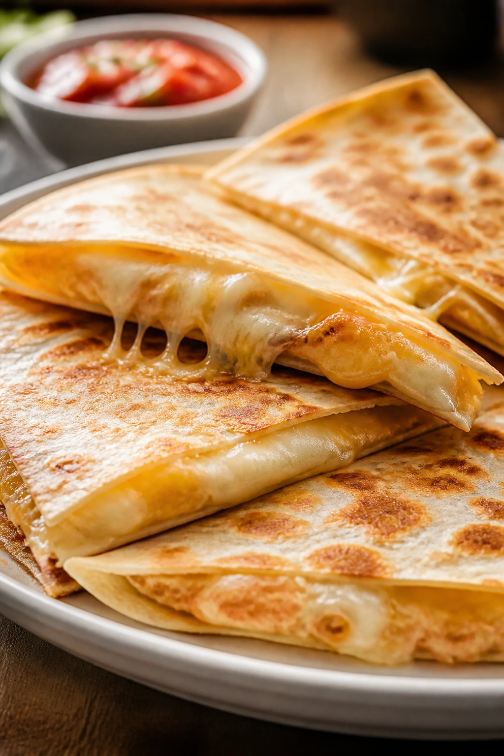 Close-up of cheese-melted quesadillas cut into wedges on a plate.