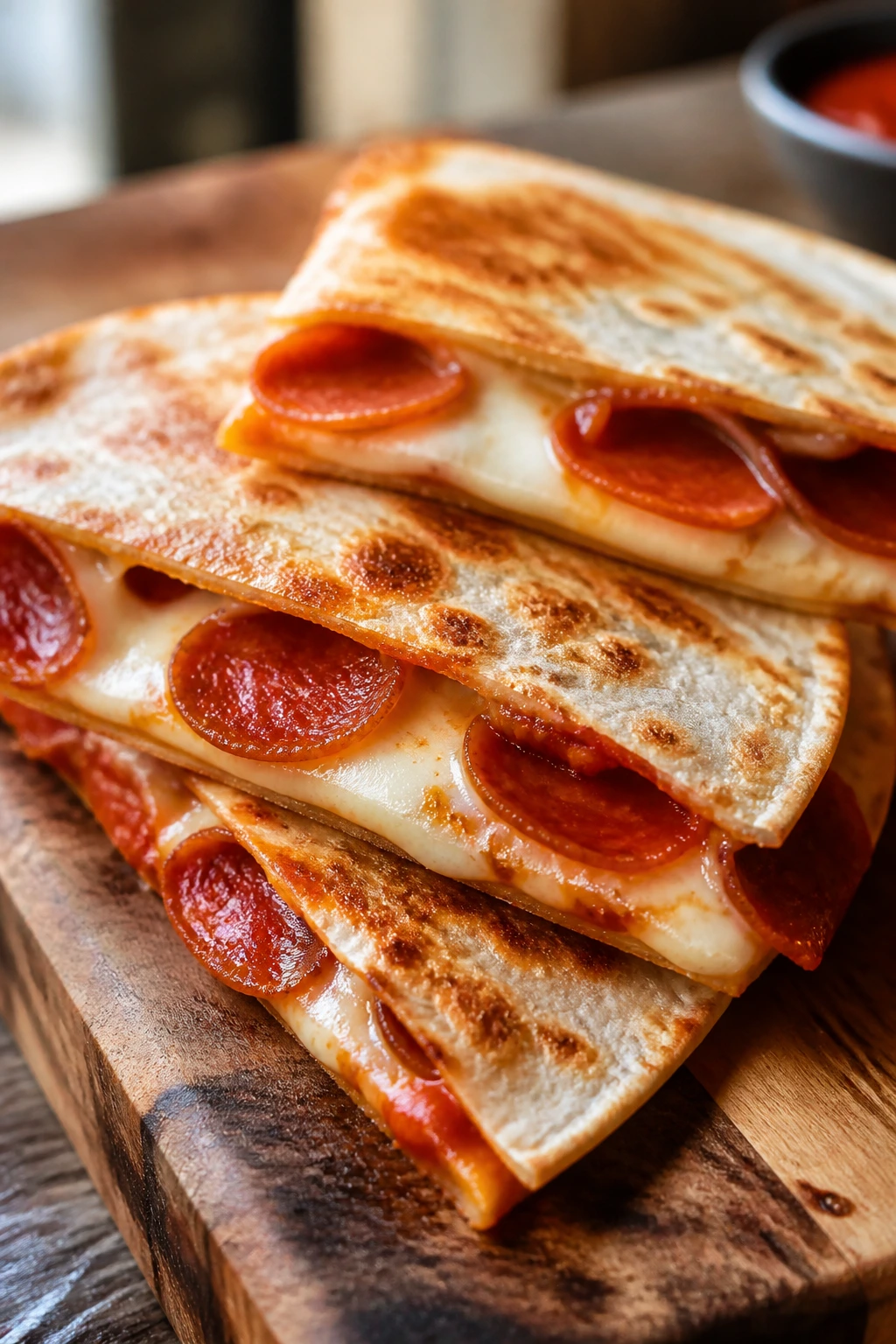 Close-up of pepperoni pizza quesadillas on a wooden board with melted cheese