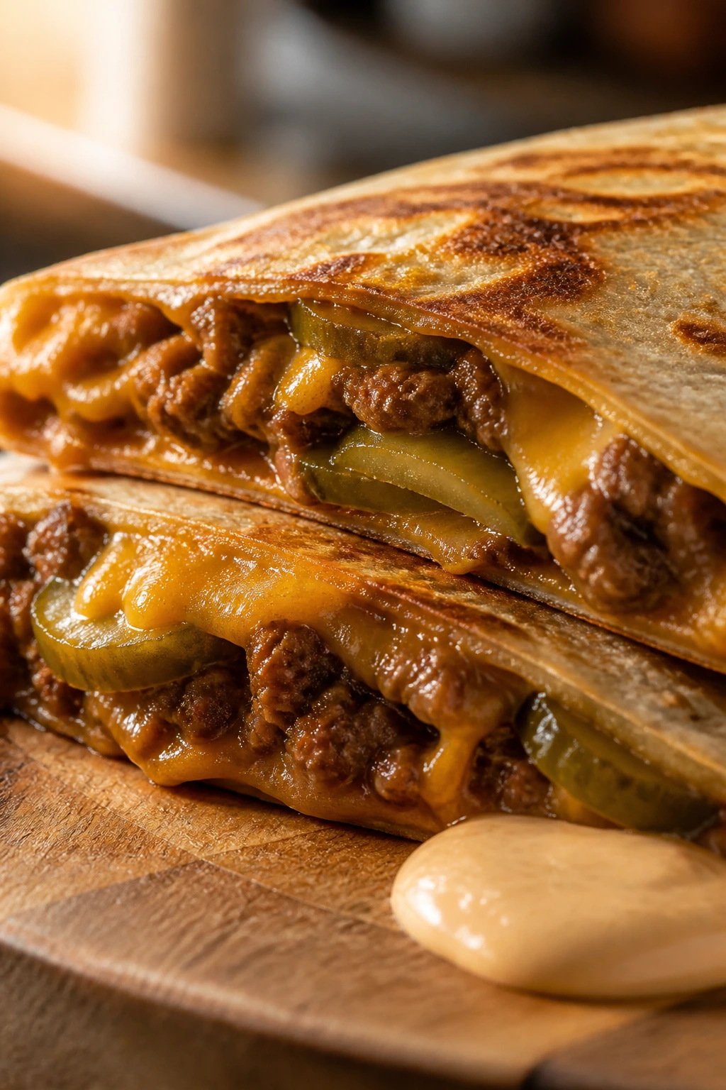 Close-up of burger quesadillas with pickles and sauce