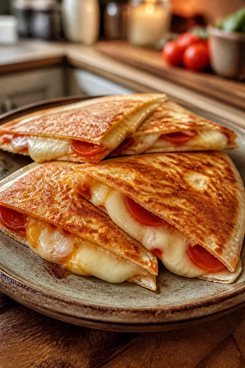 Close-up of a folded cheese-filled homemade pizza quesadilla on a plate