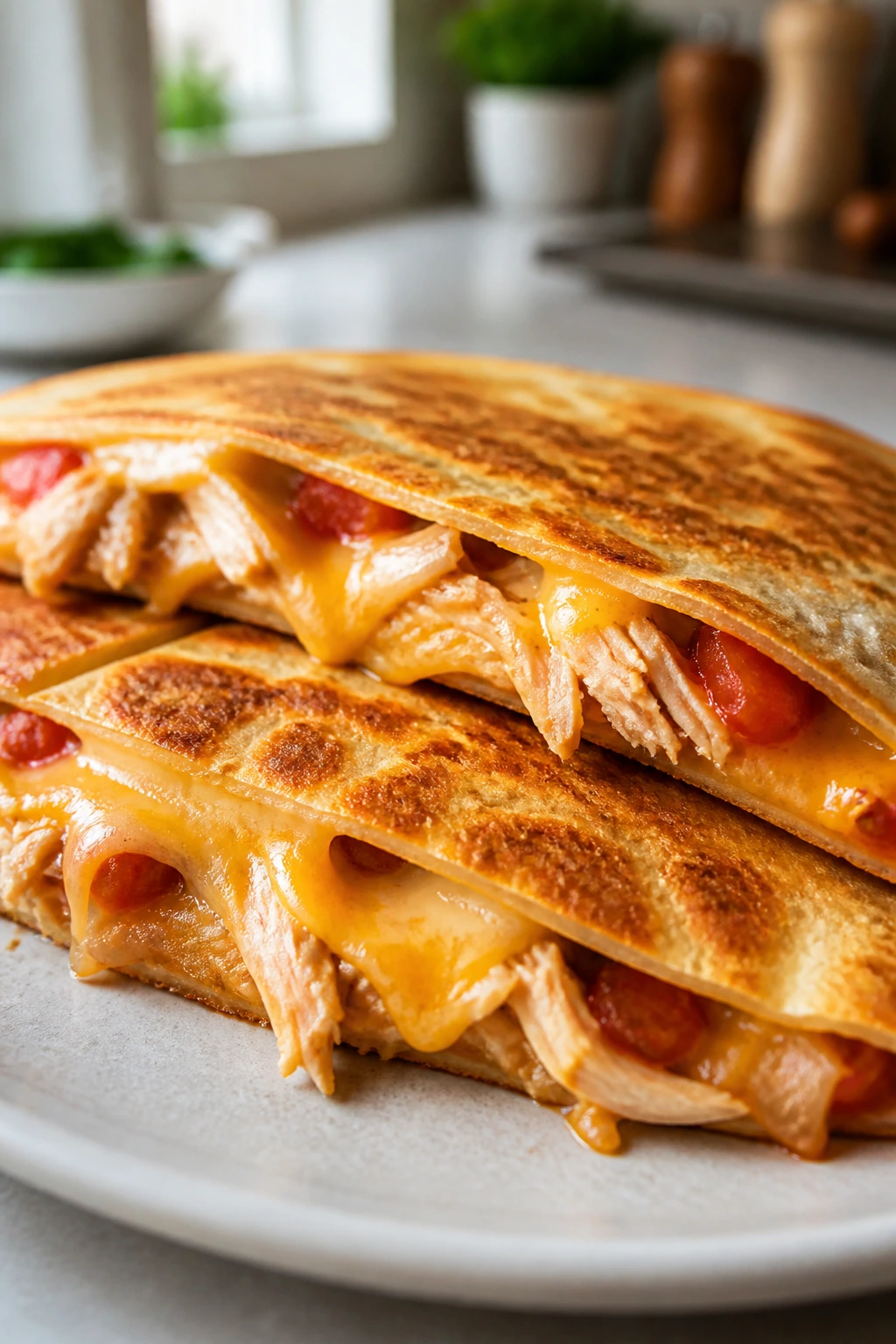 Quesadilla filled with rotisserie chicken and melted cheese on a plate